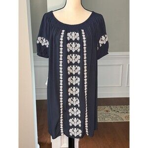 Ann Taylor Loft Navy Blue/White Embroidered Short Sleeve Sheath Dress Sz XS